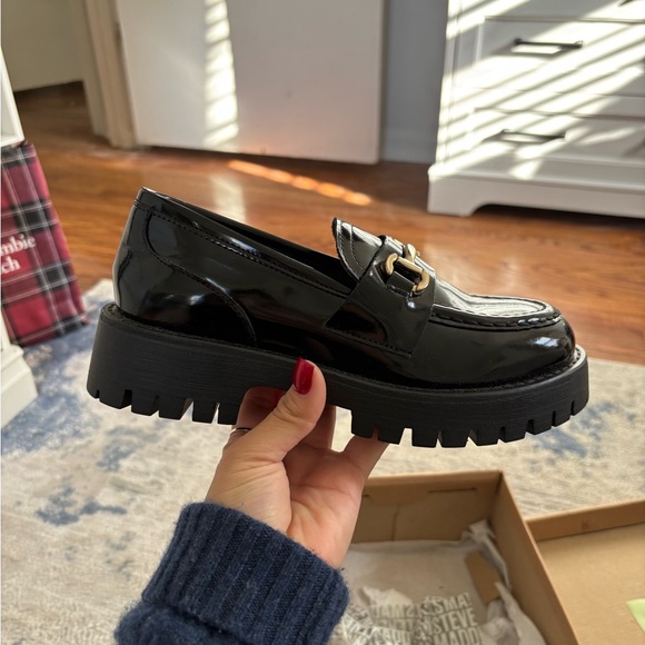 Steve Madden Black Patent Loafers with Gold Accent - Picture 2 of 9